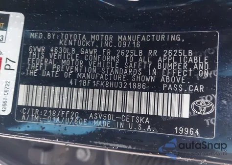 2017 Toyota Camry Se from USA, damaged, VIN 4T1BF1FK8HU321886